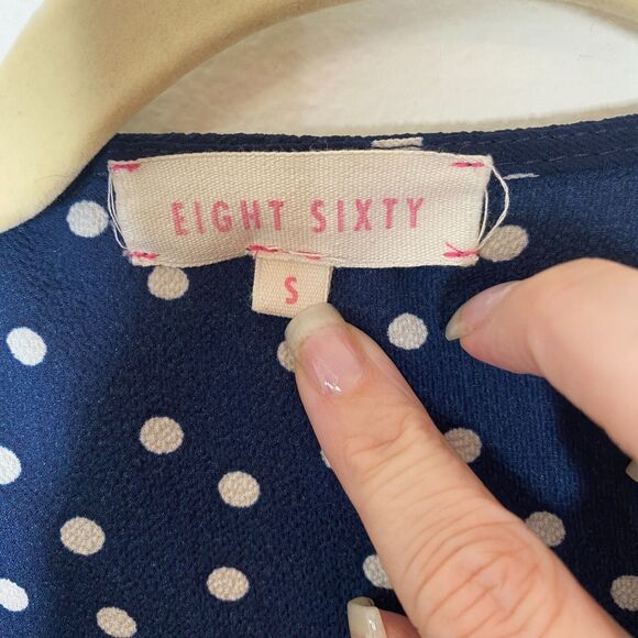 Revolve Eight Sixty Navy Cream Polka Dot Wrap Front-V Bell Sleeve Crop Top SM - Picture 4 of 9